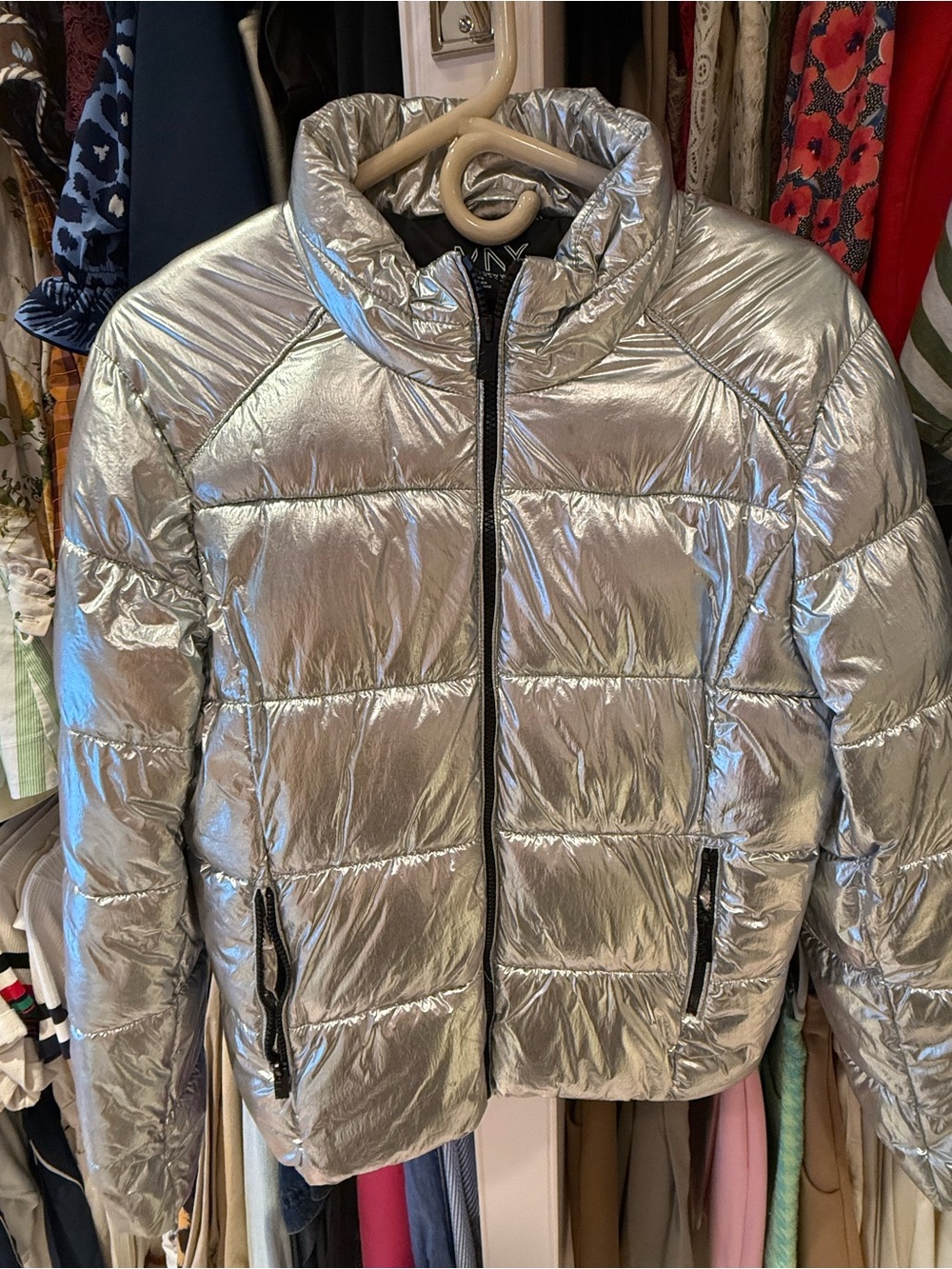 Women's Marc New York Metallic Silver Puffer Jacket